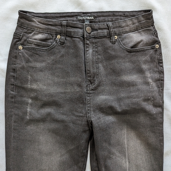 Fashion Nova Black Distressed Jeans with Hook and Eye Details on legs- 7 - Picture 3 of 5